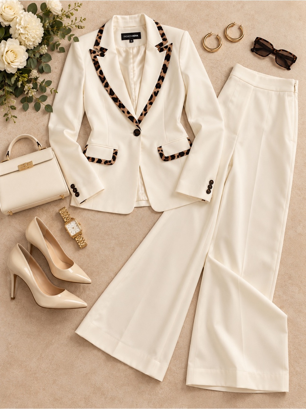 Fashion Nova Ivory Leopard Trim Blazer Wide Leg Pants Suit Set NWT M